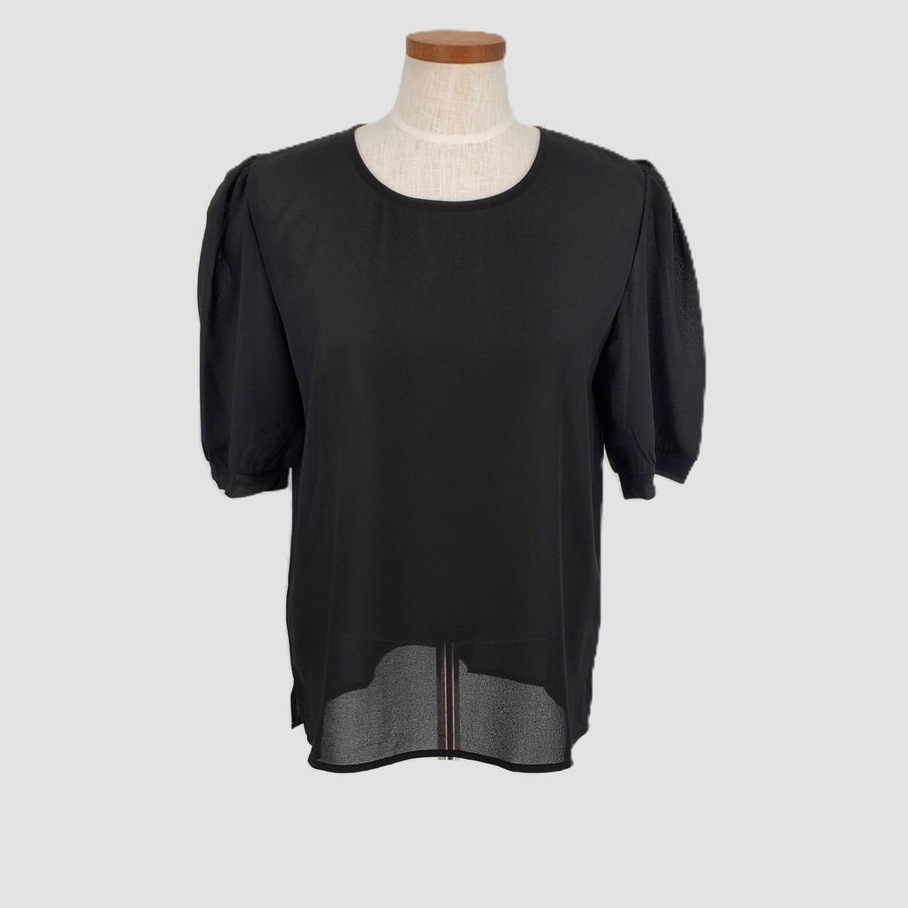 Tulip B Designed by J317 Womens XL Black Puff Sleeve Blouse Sheer Side Slits New
